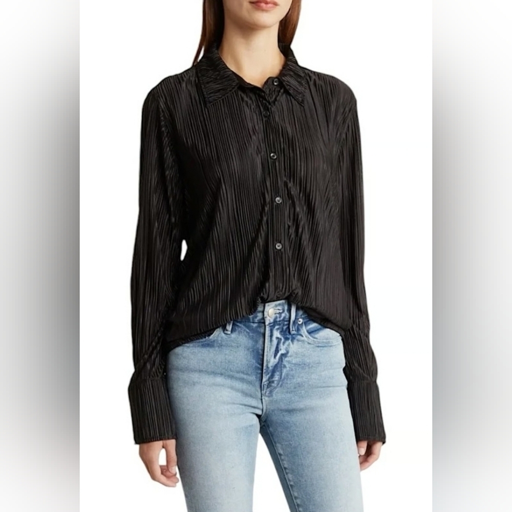 Good American Ribbed Button Down Long Sleeve Top 1/2